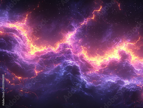 a 3D digital art of a cosmic lightning nebula in space. The nebula is composed of pink and purple colors and has a starburst pattern.