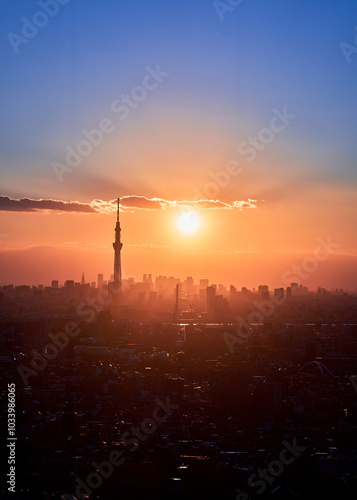 Tokyo sky tree at sunset, Japan. Tokyo Skytree is the tallest building in Japan.