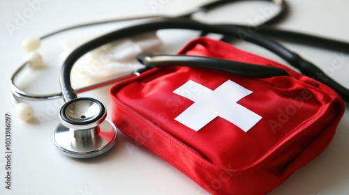 bright red first aid kit with a white cross symbol on its front