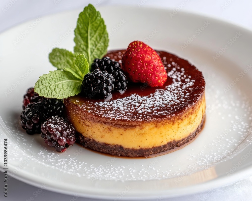 Chocolate flan dessert with fresh berries and mint leaves on a white plate Chocolate flan dessert with fresh berries and mint leaves on a white plate