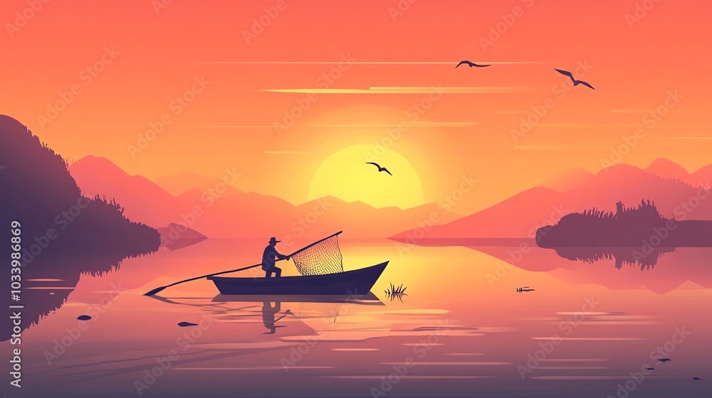 Silhouette of a fisherman in a boat at sunset on a tranquil lake. Silhouette of a fisherman in a boat at sunset on a tranquil lake.
