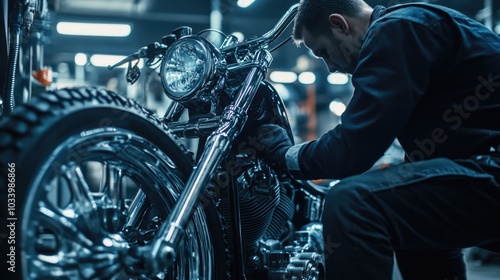 A person tinkering with a bike in a workshop photo