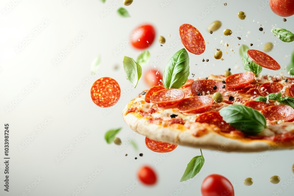 Pizza ingredients - pepperoni, cheese, olives, and bell peppers flying in the air and assembling into a slice, minimal background with copy space Pizza ingredients - pepperoni, cheese, olives, and bell peppers flying in the air and assembling into a slice, minimal background with copy space