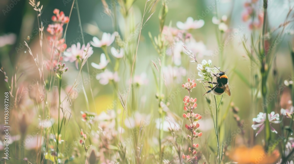 bee pollinates vibrant wildflowers in lush meadow, showcasing beauty of nature and importance of pollinators in ecosystem bee pollinates vibrant wildflowers in lush meadow, showcasing beauty of nature and importance of pollinators in ecosystem
