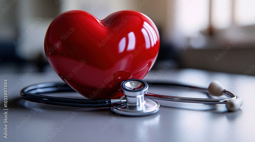 A red heart symbolizing health beside a stethoscope. A red heart symbolizing health beside a stethoscope.