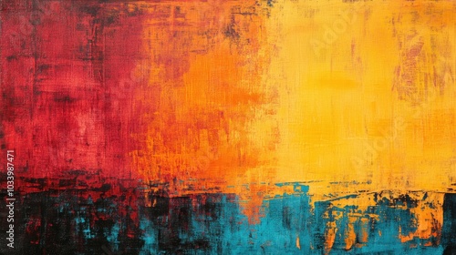 Bold abstract painting with vibrant red, orange, and yellow brushstrokes