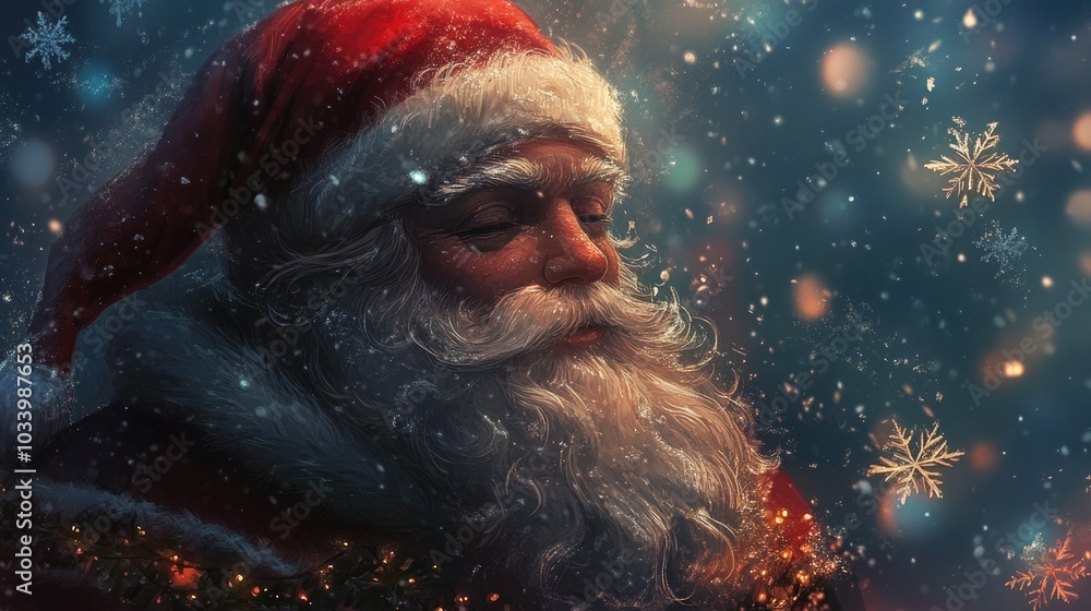 santacros with snowflakes, gifts the scene should be on the side and use the colors of Christmas santacros with snowflakes, gifts the scene should be on the side and use the colors of Christmas