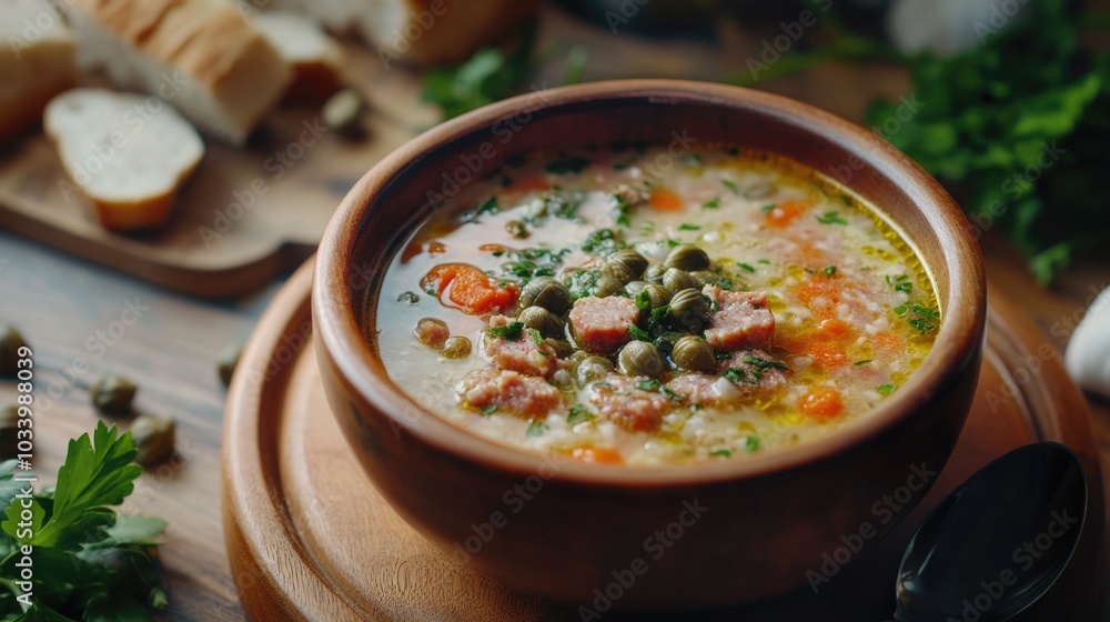 A bowl of hot soup sitting on a wooden table, perfect for a cozy meal or snack A bowl of hot soup sitting on a wooden table, perfect for a cozy meal or snack