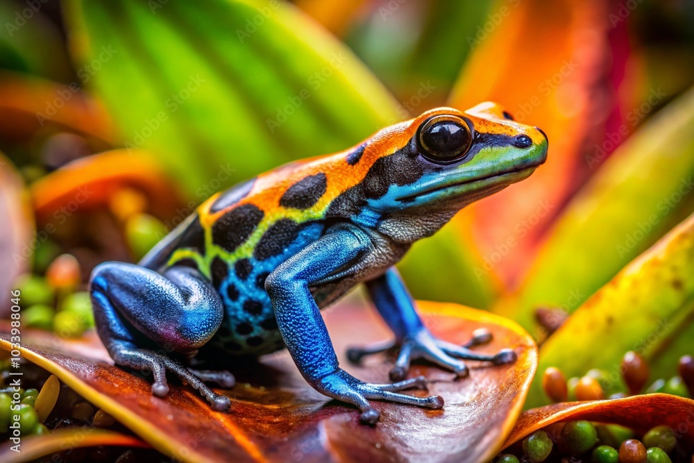 Poison dart frog perched on leaf in rainforest Poison dart frog perched on leaf in rainforest