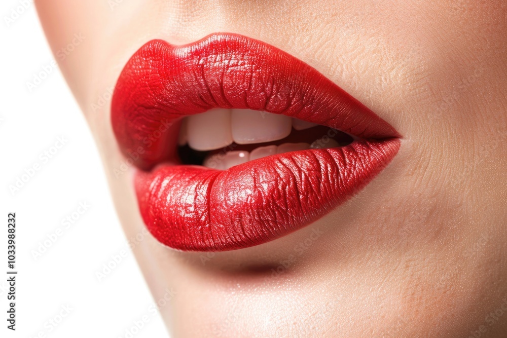 Close-up shot of a woman's lips with bold, bright red lipstick Close-up shot of a woman's lips with bold, bright red lipstick