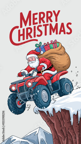 Merry Christmas card with Santa ride ATV
