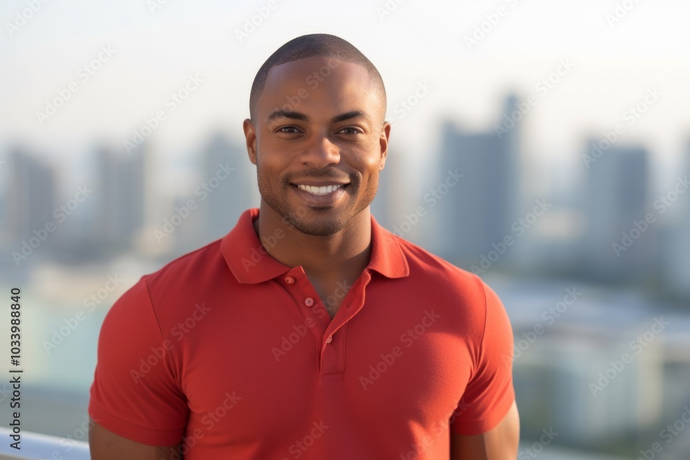 Portrait of a satisfied afro-american man in his 30s wearing a sporty polo shirt in modern cityscape background Portrait of a satisfied afro-american man in his 30s wearing a sporty polo shirt in modern cityscape background
