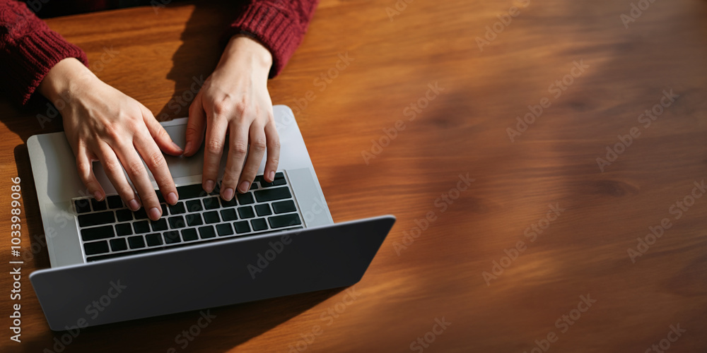 Naklejka premium People working on laptop computer, freelancer, digital nomad, online work, typing on laptop, surfing the internet in a cafe, remote work