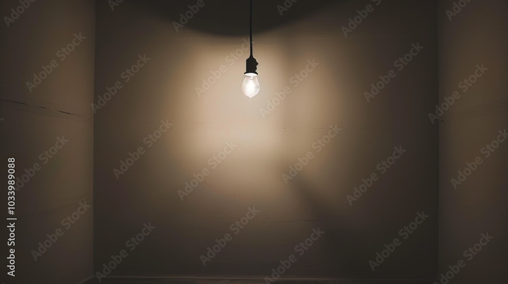 Dark empty room with single flickering light bulb casting long shadows, emphasizing absence of power and eerie atmosphere, minimalist setting with focus on light bulb's glow. Dark empty room with single flickering light bulb casting long shadows, emphasizing absence of power and eerie atmosphere, minimalist setting with focus on light bulb's glow.