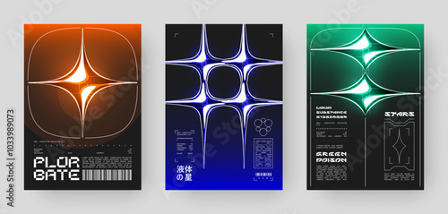 Set of Futuristic Abstract Cyberpunk Poster Design. Y2K Neon-lit geometric shapes, Silver Chrome, 2000s, shiny metallic surface, high-tech, sci-fi aesthetic.