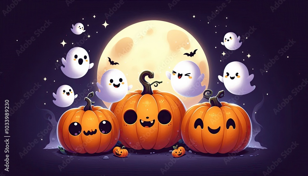 Fototapeta premium A cute and spooky Halloween scene featuring three jack-o'-lanterns with different expressions one cheerful, one surprised, and one grumpy. Each pumpkin has tiny, happy ghosts floating out of their top