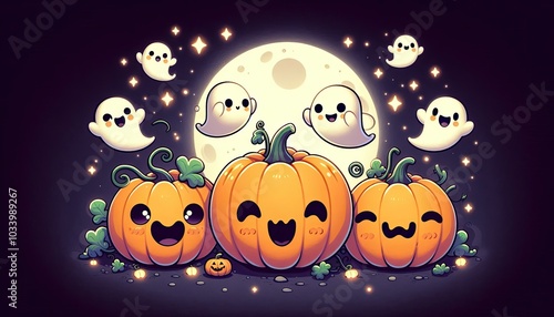 A cute and spooky Halloween scene featuring three jack-o'-lanterns with different expressions one cheerful, one surprised, and one grumpy. Each pumpkin has tiny, happy ghosts floating out of their top