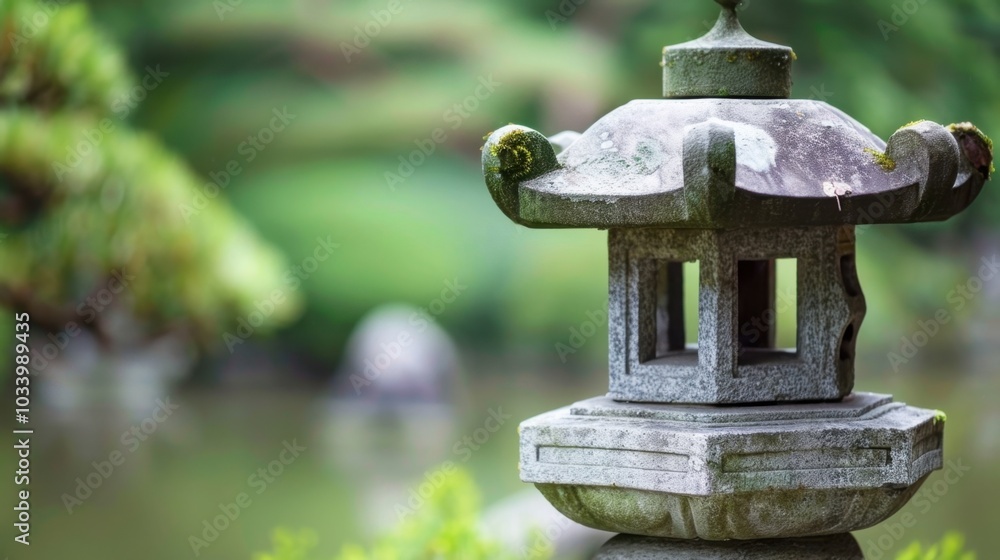serene stone lantern stands gracefully by tranquil pond, surrounded by lush greenery, creating peaceful atmosphere in beautiful garden serene stone lantern stands gracefully by tranquil pond, surrounded by lush greenery, creating peaceful atmosphere in beautiful garden