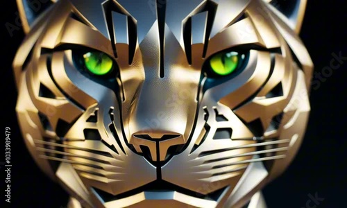 gold metallic robotic panther head with glowing green eyes