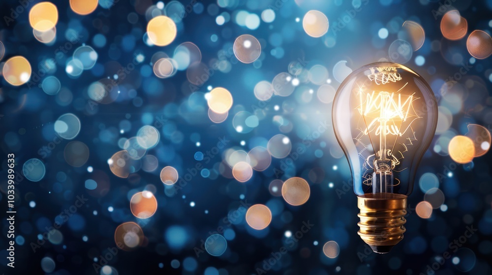 glowing light bulb illuminates dreamy background filled with soft bokeh lights, creating sense of inspiration and creativity. warm glow symbolizes ideas and innovation glowing light bulb illuminates dreamy background filled with soft bokeh lights, creating sense of inspiration and creativity. warm glow symbolizes ideas and innovation