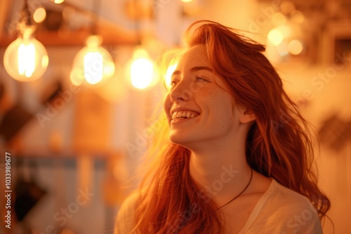 A smiling woman with long red hair looking directly into the camera photo