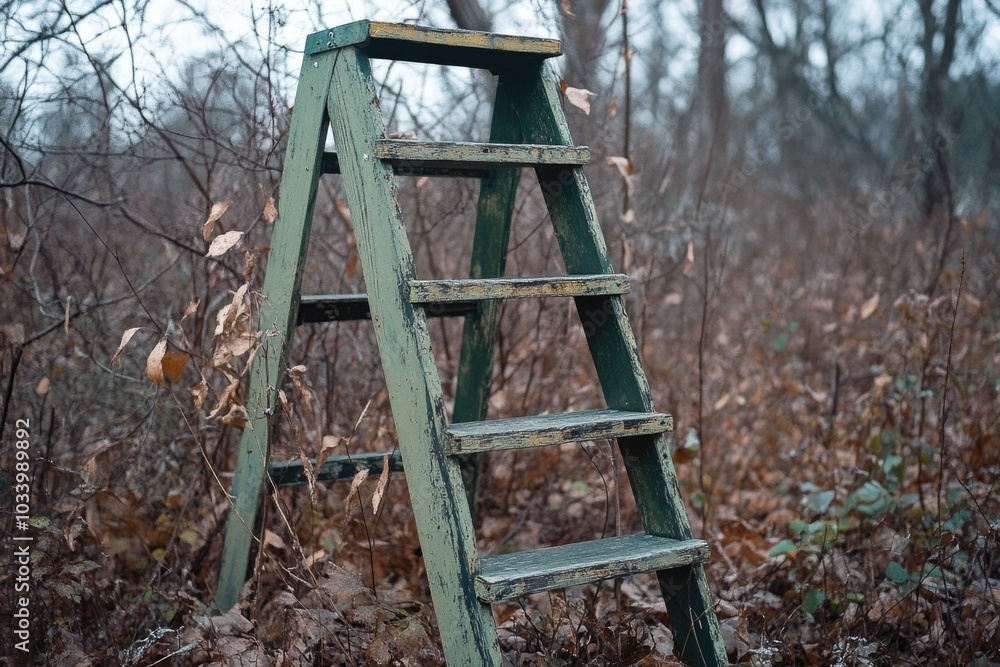 A old wooden ladder standing in the middle of a dense forest, perfect for use as a rustic or natural scenery backdrop A old wooden ladder standing in the middle of a dense forest, perfect for use as a rustic or natural scenery backdrop