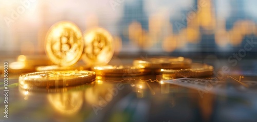 Close-up of Bitcoin coins on a reflective surface with a blurred financial graph in the background, symbolizing cryptocurrency and investment. photo