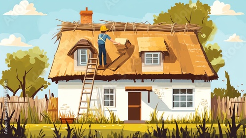 A worker repairs a thatched roof on a charming cottage in a sunny landscape. photo