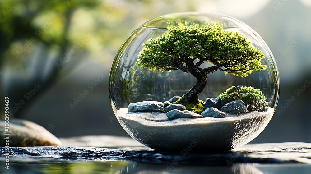 A zen-inspired terrarium, with bonsai trees, finely raked sand, and neatly arranged smooth stones, the glass reflecting soft, ambient light, creating a peaceful and balanced composition, A zen-inspired terrarium, with bonsai trees, finely raked sand, and neatly arranged smooth stones, the glass reflecting soft, ambient light, creating a peaceful and balanced composition,