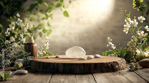 Healing crystal grid on a wooden surface surrounded by herbs, 3D illustration photo