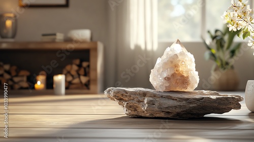 Healing crystal placed on a body during a meditation session, natural energy healing, 3D illustration