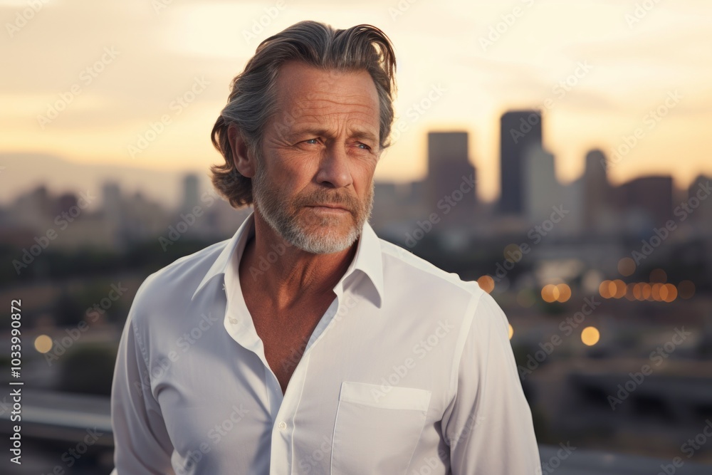 Portrait of a tender man in his 50s wearing a classic white shirt while standing against modern cityscape background Portrait of a tender man in his 50s wearing a classic white shirt while standing against modern cityscape background