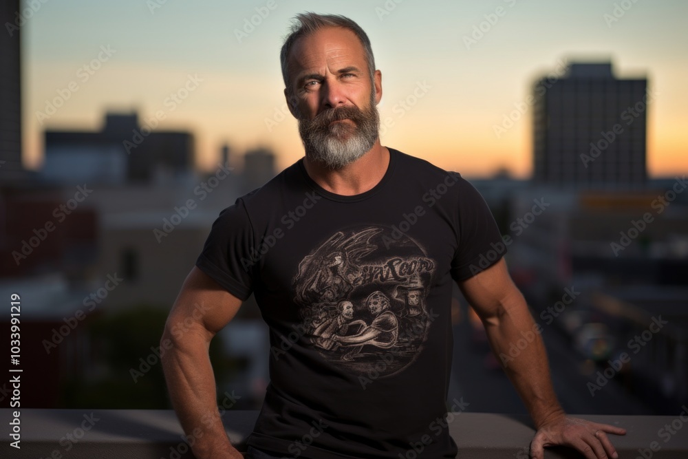 Portrait of a merry man in his 50s sporting a vintage band t-shirt while standing against modern cityscape background Portrait of a merry man in his 50s sporting a vintage band t-shirt while standing against modern cityscape background