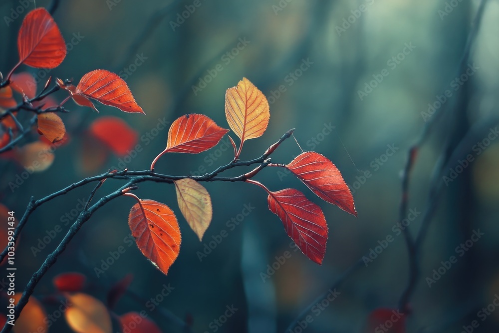 Close-up shot of a branch with bright red leaves Close-up shot of a branch with bright red leaves