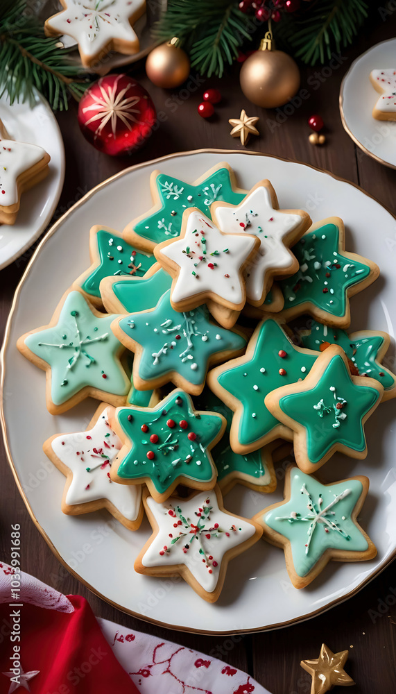 Festive Christmas cookies shaped like stars and trees, arranged decoratively. Perfect for holiday themes, baking projects, and seasonal designs with a cozy, winter atmosphere Festive Christmas cookies shaped like stars and trees, arranged decoratively. Perfect for holiday themes, baking projects, and seasonal designs with a cozy, winter atmosphere