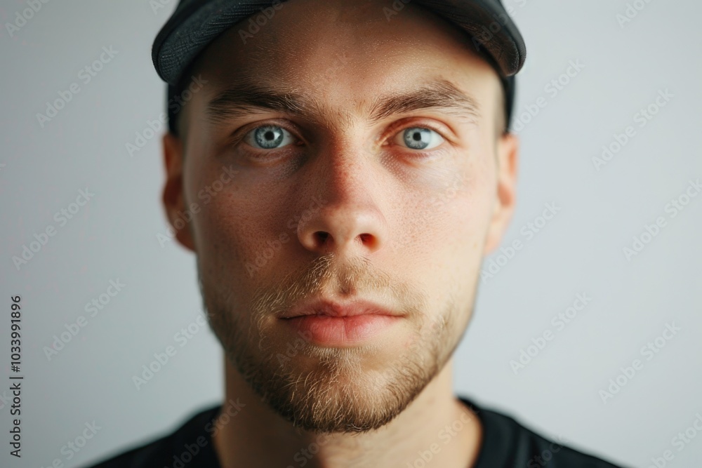 A close-up shot of a person's face with a hat on, great for use in portraits or fashion photography A close-up shot of a person's face with a hat on, great for use in portraits or fashion photography