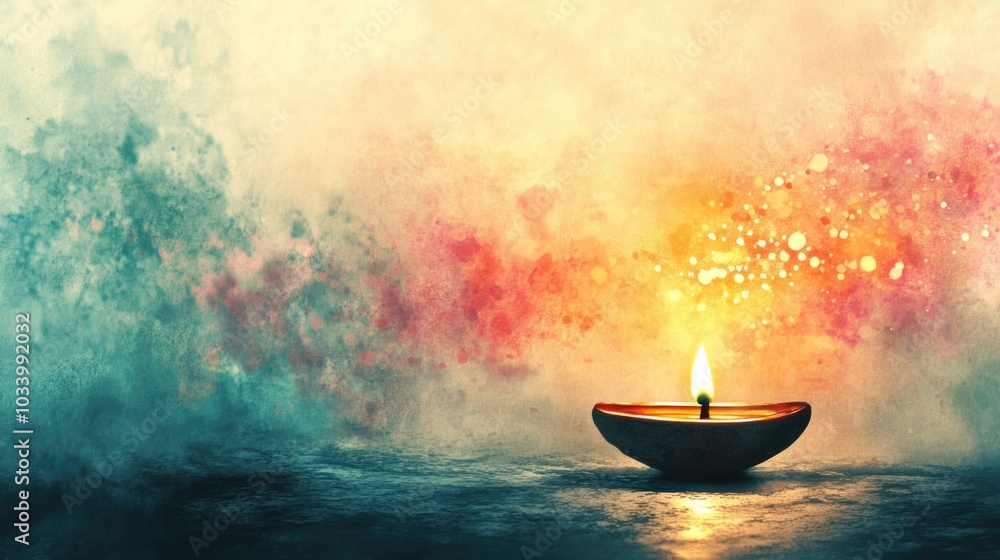 A lone candle burning in the center of a peaceful lake or river, surrounded by calm waters A lone candle burning in the center of a peaceful lake or river, surrounded by calm waters