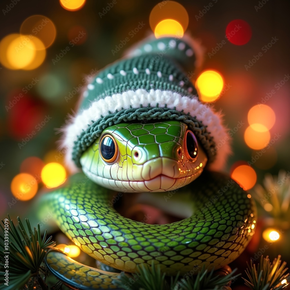 A green snake wearing a green hat on top of a Christmas tree A green snake wearing a green hat on top of a Christmas tree