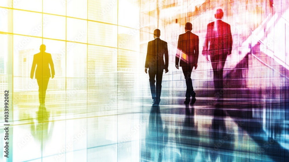 Silhouettes of Businessmen Walking Through a Cityscape Silhouettes of Businessmen Walking Through a Cityscape