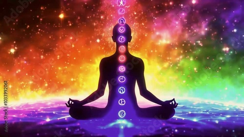 The third eye chakra meditator's forehead glows light, opening up a portal swirling galaxies cosmic energy. focus, streams of energy flow universe mind, 4k Victor anime-style background Animation Vide