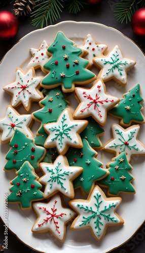 Festive Christmas cookies shaped like stars and trees, arranged decoratively. Perfect for holiday themes, baking projects, and seasonal designs with a cozy, winter atmosphere