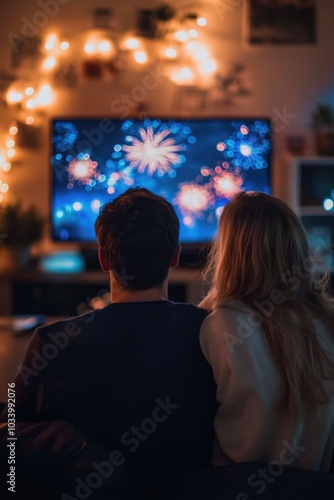 A couple sitting on the couch, watching fireworks display