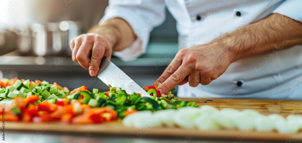 A chef skillfully chopping fresh vegetables on a wooden cutting board in a professional kitchen setting. A chef skillfully chopping fresh vegetables on a wooden cutting board in a professional kitchen setting.