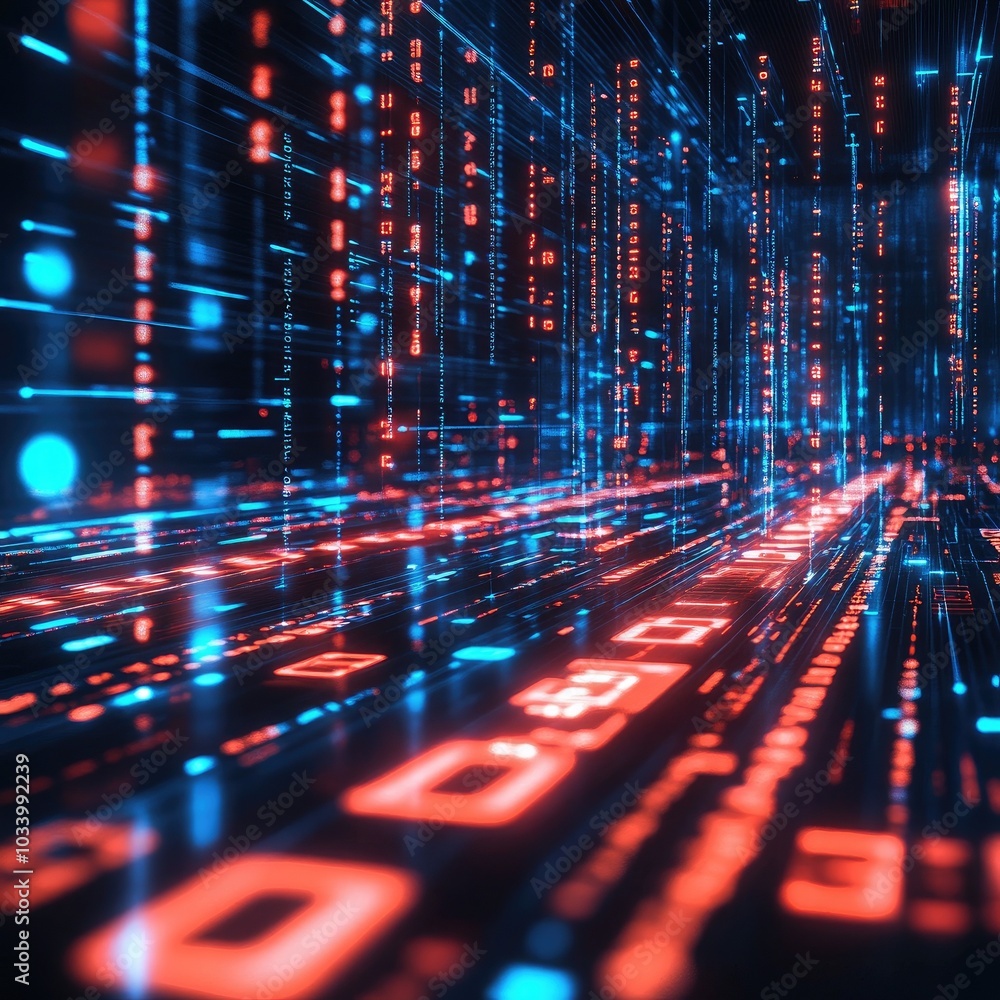 Dynamic digital landscape with glowing neon lines and binary data, representing technology and modern innovation. Dynamic digital landscape with glowing neon lines and binary data, representing technology and modern innovation.