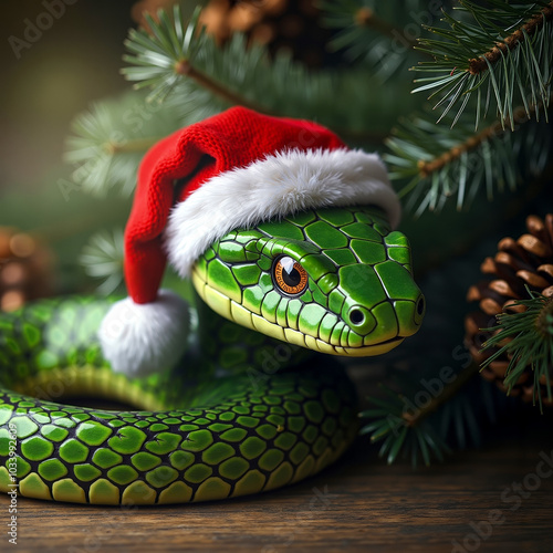 A green snake wearing a santa hat sitting on a wooden table