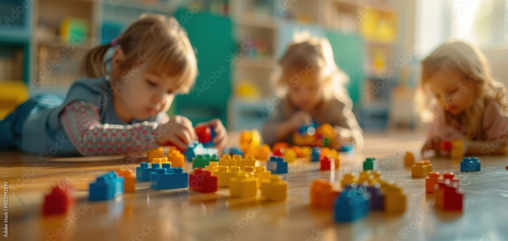 Three children play with colorful building blocks on a wooden floor, fostering creativity and teamwork in a cozy environment. Three children play with colorful building blocks on a wooden floor, fostering creativity and teamwork in a cozy environment.