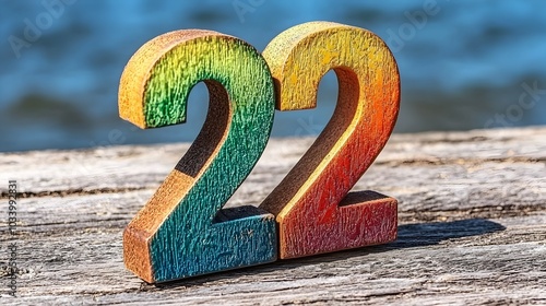 Digitally created image featuring a vibrant rainbow colored number 2 with a soft gradient isolated on a bright sky blue background  This modern photo