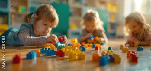 Three children play with colorful building blocks on a wooden floor, fostering creativity and teamwork in a cozy environment.