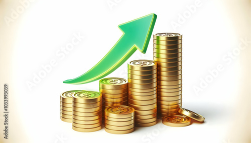 3D Floating Gold Coin Stack with Glowing Green Arrow - Futuristic Vector Illustration of Upward Growth Concept on White Background