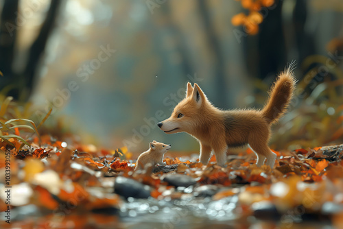 Illustration of a fox playing with its cubs near a stream. Fairy tale illustration.